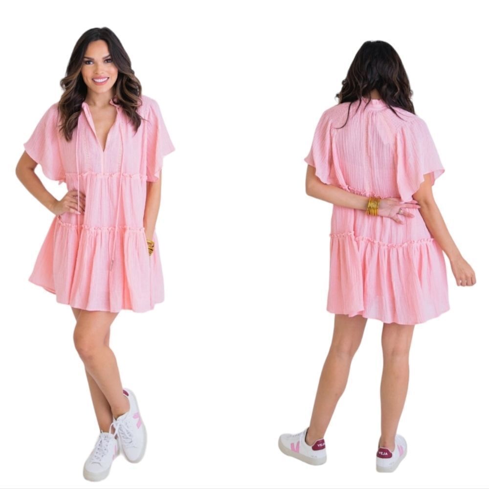 Karlie Baby Pink Linen Gauze Crochet Lace Mini Tunic Dress Women's Small